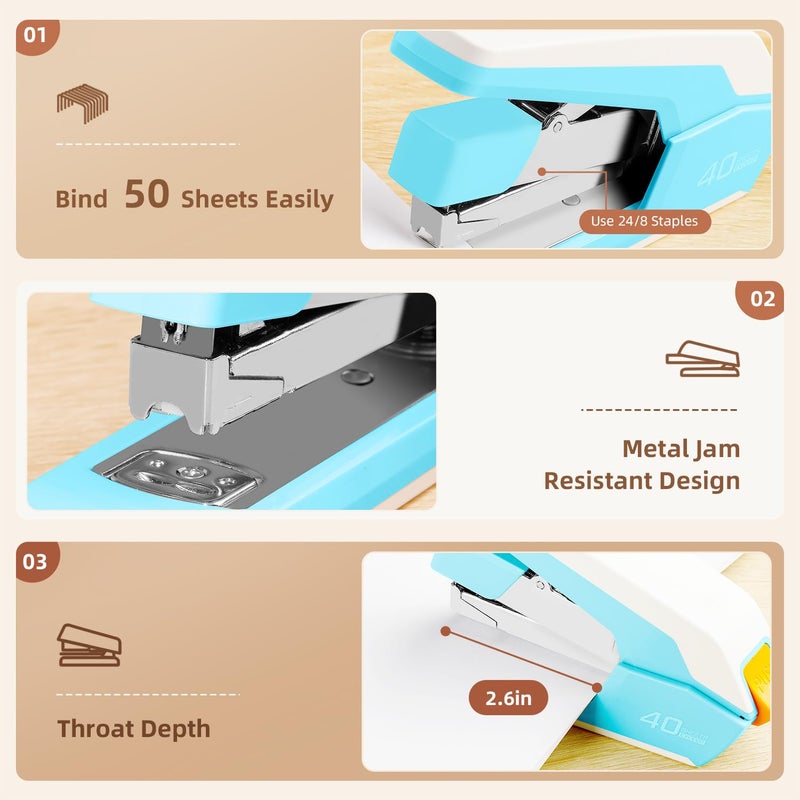 Deli Effortless Desktop Stapler, Heavy Duty Stapler, 40-50 Sheet Capacity, One Finger, No Effort, Includes 1500 Staples & Staple Remover, Sky Blue - Image 5